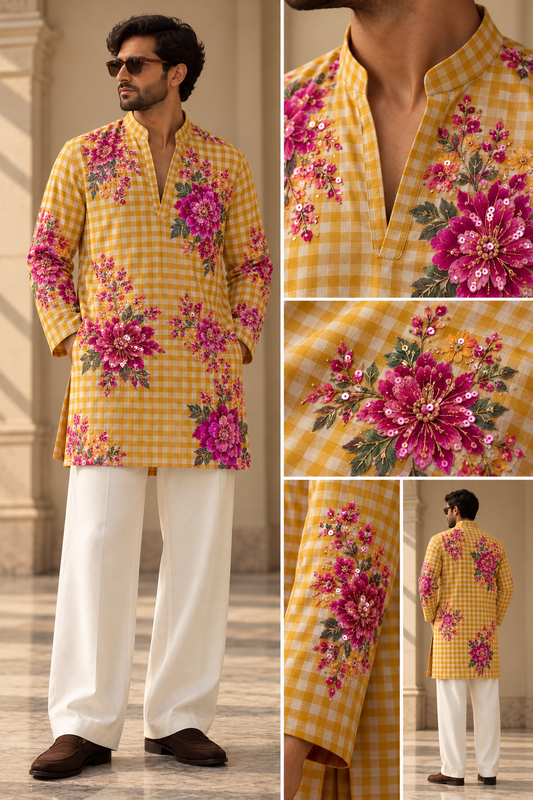 ARTLESS mustard checked floral kurta set with embellished flowers for men