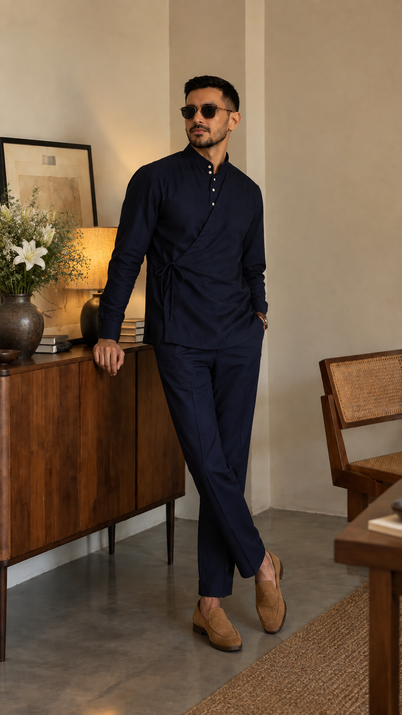 ARTLESS The Wrap Kurta in Deep Navy with matching trousers for men