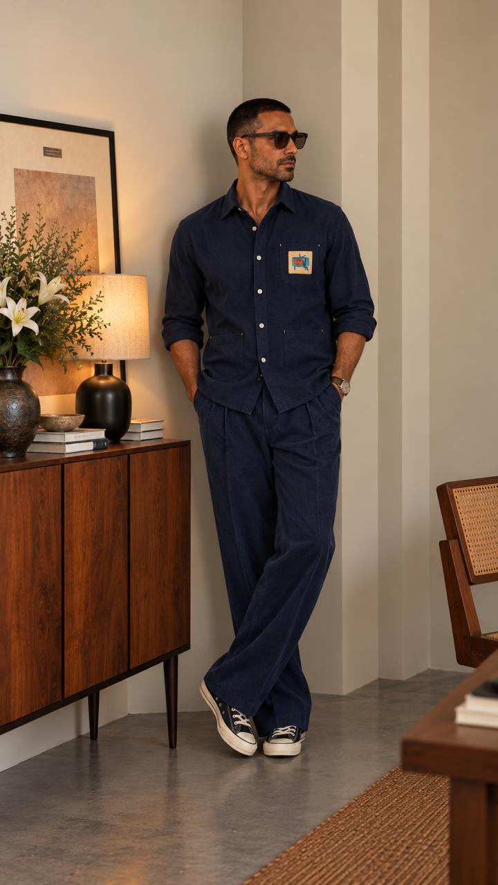 ARTLESS Watch Me Deep Navy shirt for men featuring a chest patch and lower patch pockets, styled with navy trousers.
