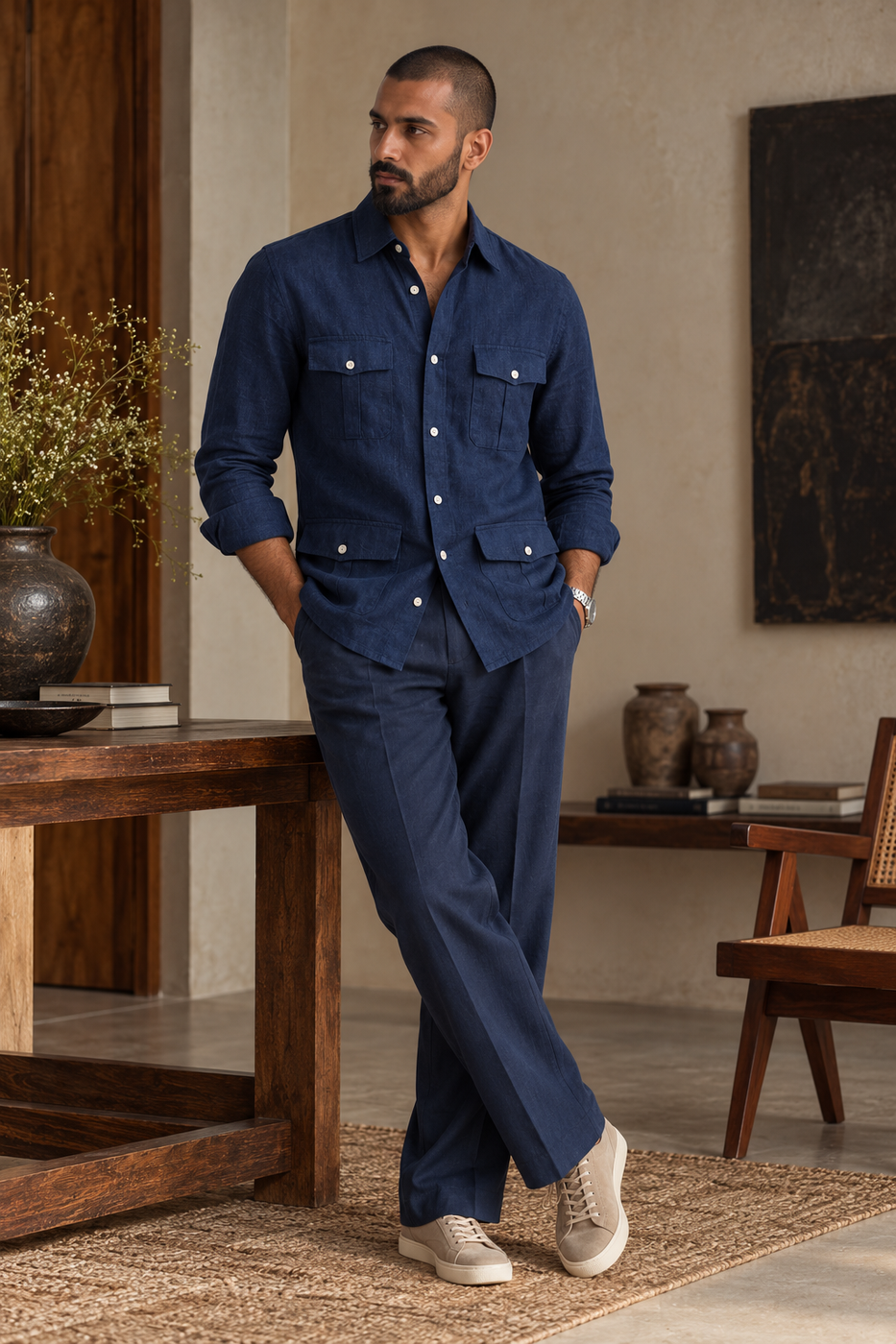ARTLESS Fieldwork Shirt in Deep Navy Irish linen, featuring four flap pockets and contrast buttons, worn by a male model.