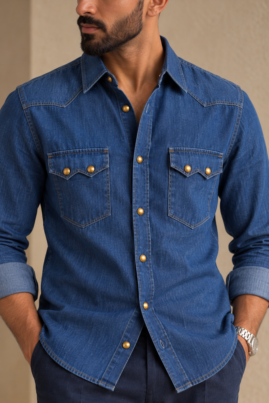Close-up of The Western Edit cotton denim shirt showing contrast topstitching and two brass-tone buttons on each chest pocket flap.
