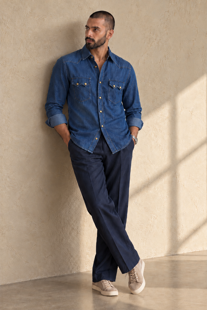 ARTLESS The Western Edit indigo cotton denim shirt, front view with Western yoke and twin angular flap pockets.